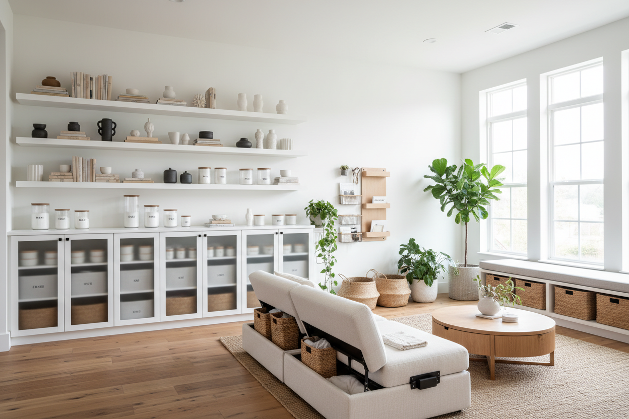 a bright moden home interior focused on organisation and storage